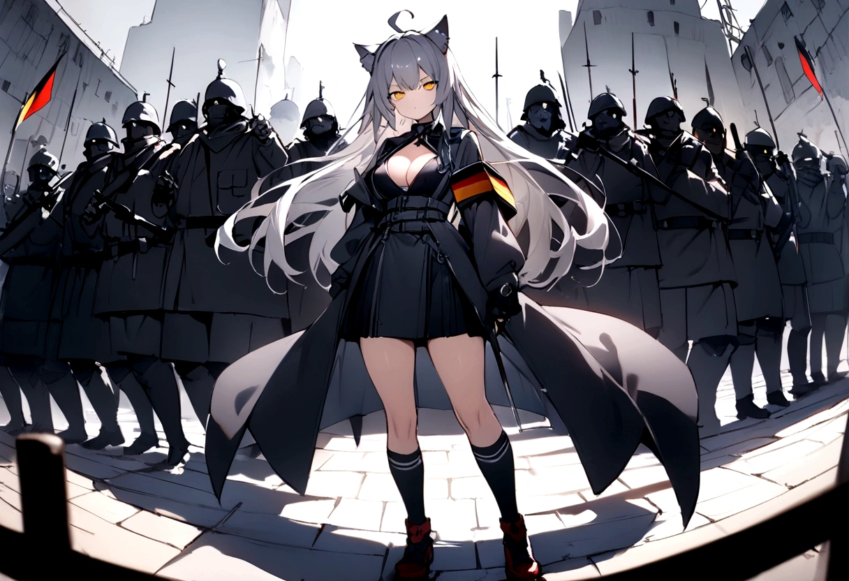 Dynamic Angles、Raising the German flag、Suspicious Gathering、Surrounded by enemies、(masterpiece, best quality:1.2), 1girl, 独奏、Gray cat ears、Grey long hair、Ahoge、Yellow Eyes、Gray cat ears、Background of military bases、Fisheye Lens、battlefield、Shadows of light and darkness、Expressionless、Grim face、battle、Black knee socks、Cleavage、