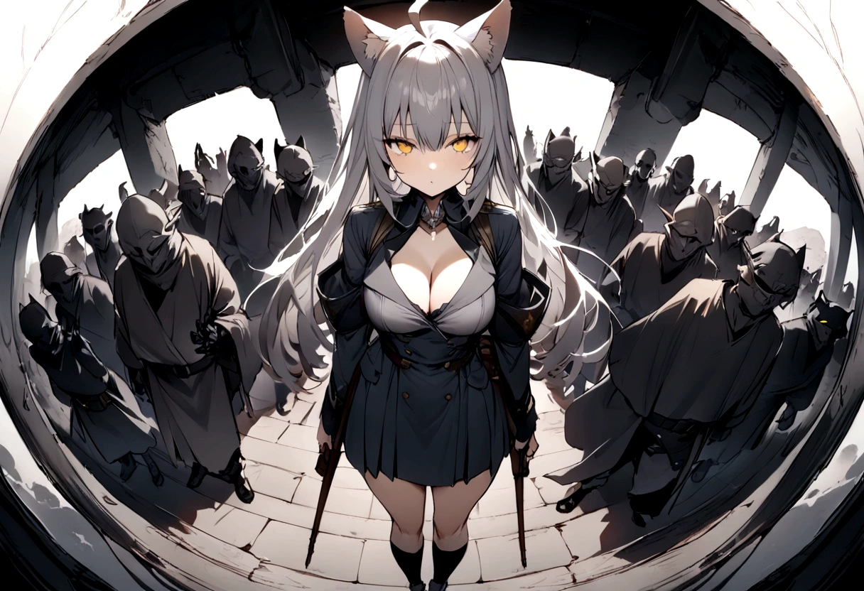 Dynamic Angles、Raising the German flag、Suspicious Gathering、Surrounded by enemies、(masterpiece, best quality:1.2), 1girl, 独奏、Gray cat ears、Grey long hair、Ahoge、Yellow Eyes、Gray cat ears、Background of military bases、Fisheye Lens、battlefield、Shadows of light and darkness、Expressionless、Grim face、battle、Black knee socks、Cleavage、