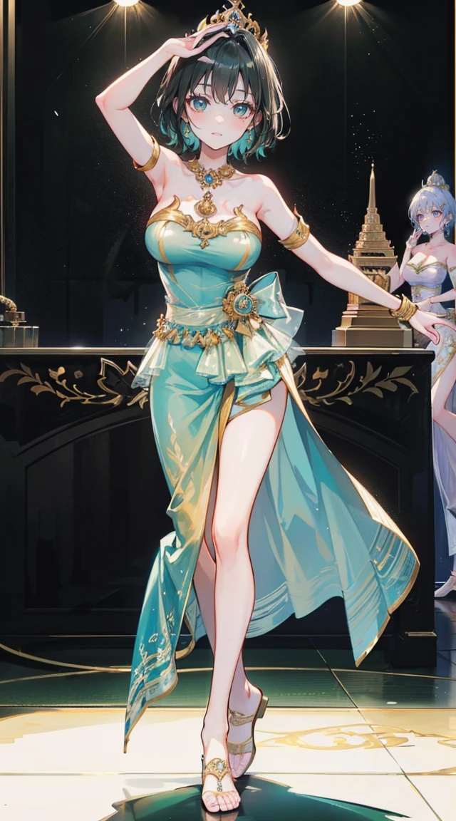(2 young women ,beautiful woman)，smile，(light green short hair)，nobility，(princess)，blue student，Tall figure，((Strapless Thai dress))，low skirt，(Strapless Thai dressที่ไม่ทีสาย)，lolita skirt，Show your legs，Barefoot，red carpet，prom website，(nobility)，(big tits),(Various poses),Highest quality、Highest picture quality、Masterpiece,, ,(((Umbilical drive,dance,dance,Thai dance))),(large areolae:1.4,pink,The nipples are clearly visible......),(((bare breast:1.37)))