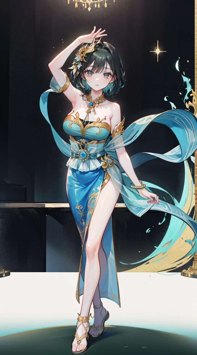 (2 young women ,beautiful woman),smile,(light green short hair),nobility,(princess),blue student,Tall figure,((Strapless Thai dress)),low skirt,(Strapless Thai dressที่ไม่ทีสาย),long skirt,Show off your chest,Show your back,Barefoot,red carpet,prom website,(nobility),(big tits),(Various poses),Highest quality、Highest picture quality、Masterpiece,, ,(((Umbilical drive,dance,dance,Thai dance)))