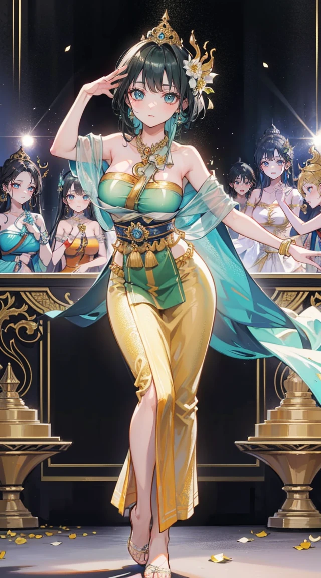 (2 young women ,beautiful woman)，smile，(light green short hair)，nobility，(princess)，blue student，Tall figure，((Strapless Thai dress))，low skirt，(Strapless Thai dressที่ไม่ทีสาย)，long skirt，Show off your chest,Show your back，Barefoot，red carpet，prom website，(nobility)，(big tits),(Various poses),Highest quality、Highest picture quality、Masterpiece,, ,(((Umbilical drive,dance,dance,Thai dance)))