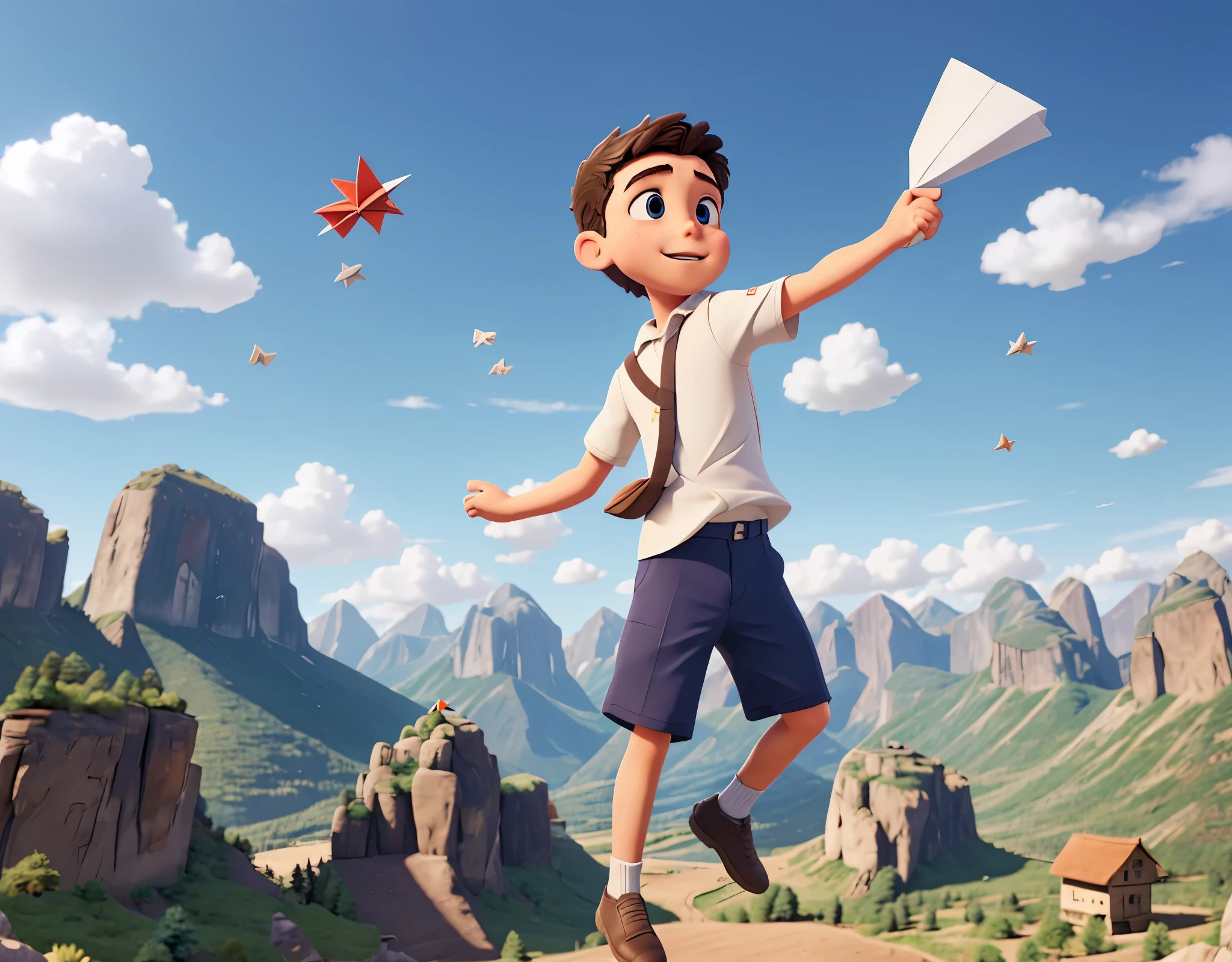Boy with paper airplane, throwing the paper plane in the air, Cinematic, glad, sprinting, blue sky, mountainscape, High definition.
