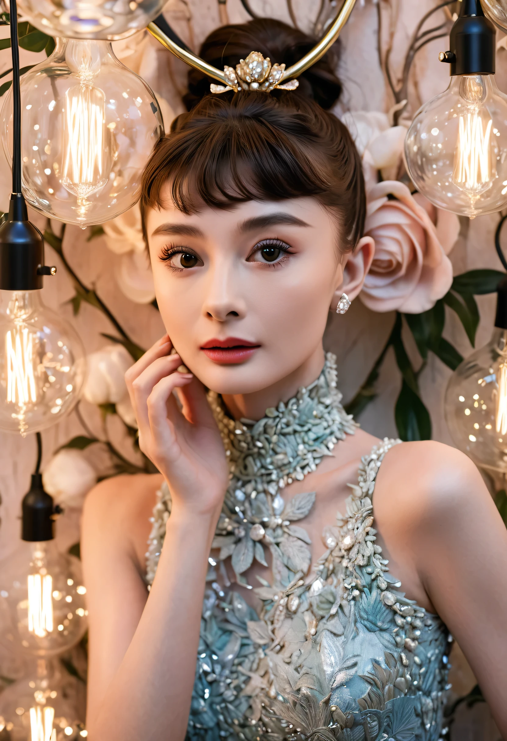 Model shooting style, Audrey Hepburn, (Extremely detailed 8k wallpaper), 《》insert, Team Okamura、Marco Mazzoni and Joan Lossel, Fashion, number, Photorealism, Evocative, Fairy tale lights, Pastel palette, Intricate details, numberArt, CG Society, masterpiece, diversity, ((Perfect face))