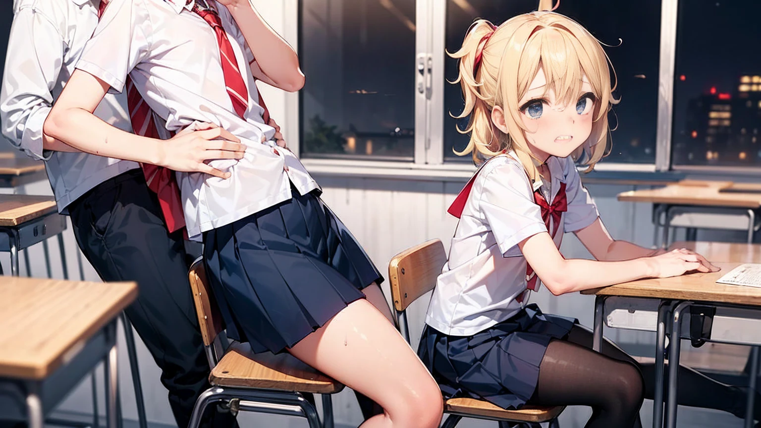 Highest quality,Highest quality,One girl,Multiple Boys,(((()))),  surrounded by boys,Flat Chest,orgasm,blush, Sweat, Sakurai Momoka,Blonde,White Sarah Outfit,Navy Blue Skirt, Not a pleated skirt,whole body,Night Classroom, Grey pantyhose、Flipping up a navy blue skirt、Spread your legs