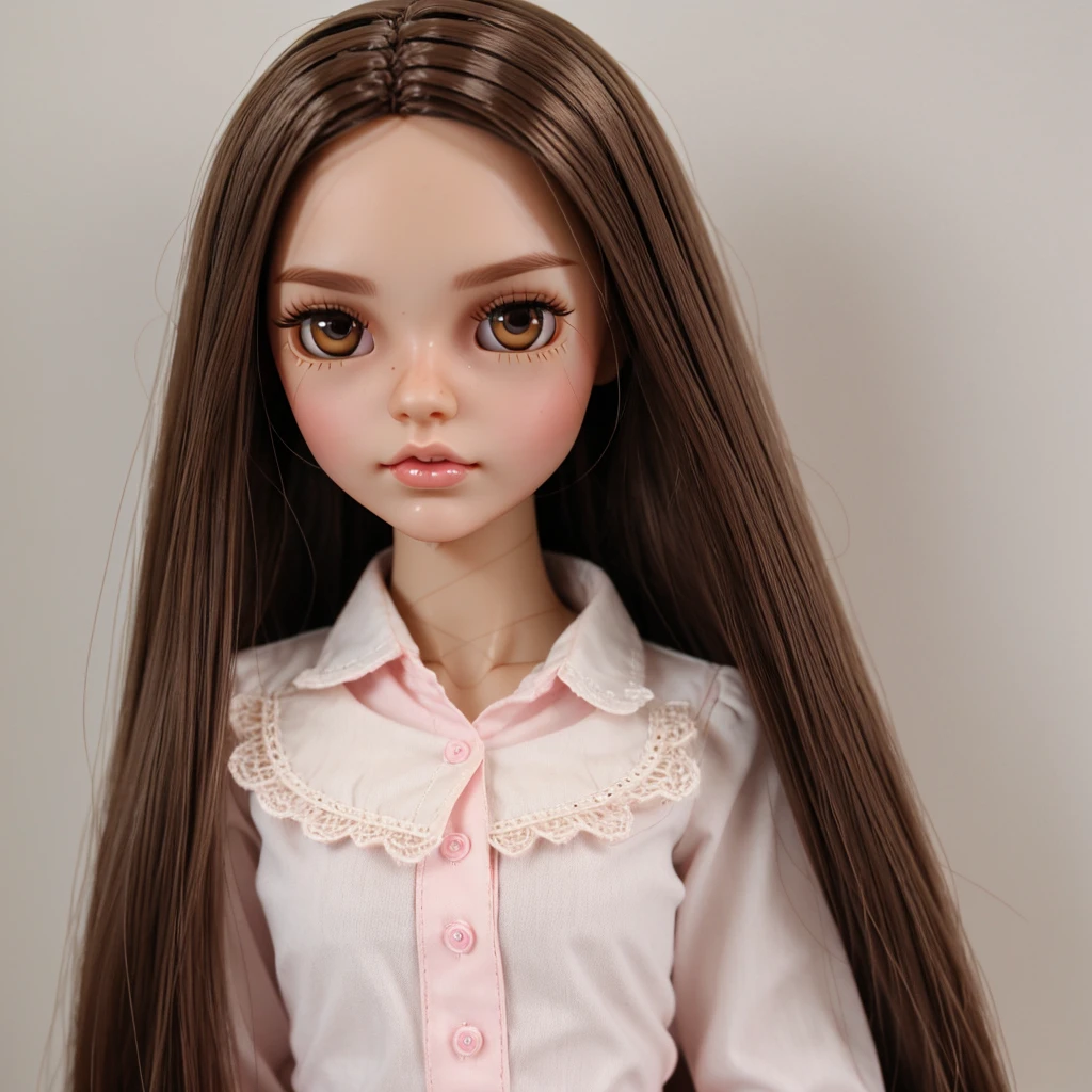 Blythe doll pretty woman with medium long straight hair with bare forehead, without fringe, light brown color, dark brown eyes, with pretty eyelashes, and small outline, White skin, medium reddish lips, with a little blush on her cheeks, with a pretty pink blouse
