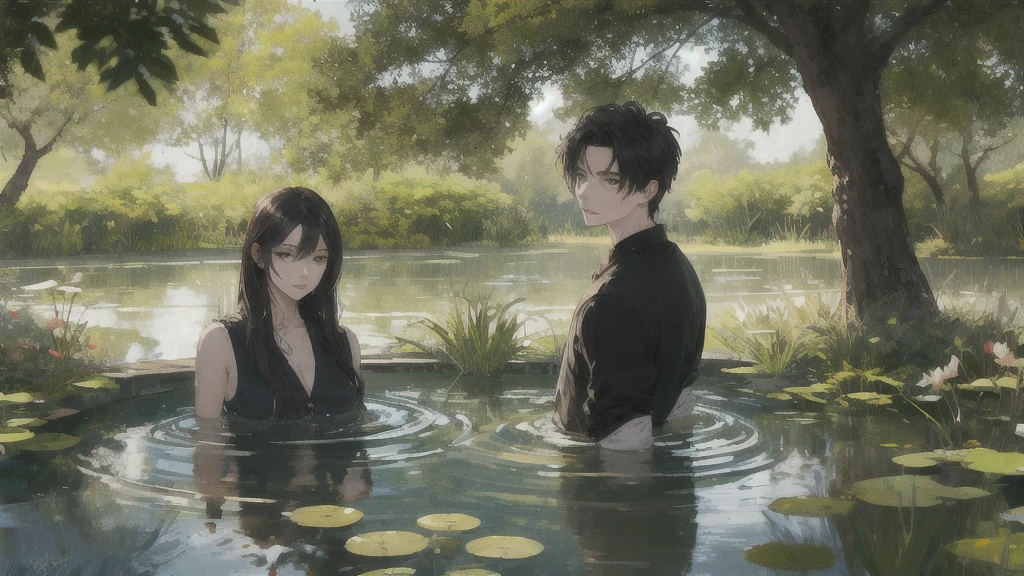 show 2 people, a beautiful woman in a pond, a young man hiding behind the tree