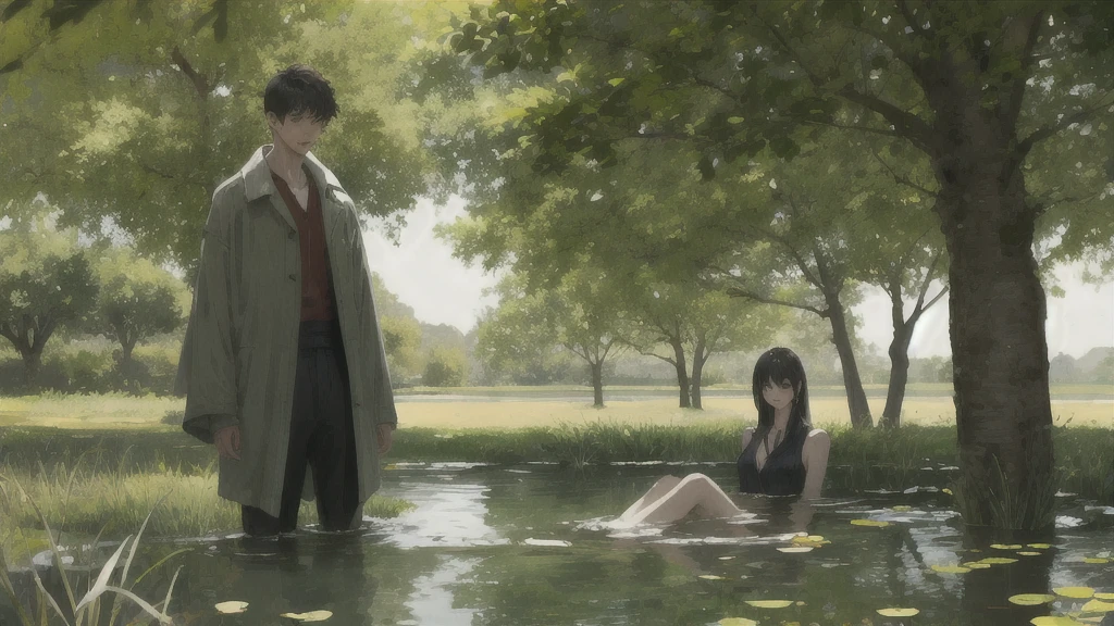 show 2 people, a beautiful woman in a pond, a young man hiding behind the tree