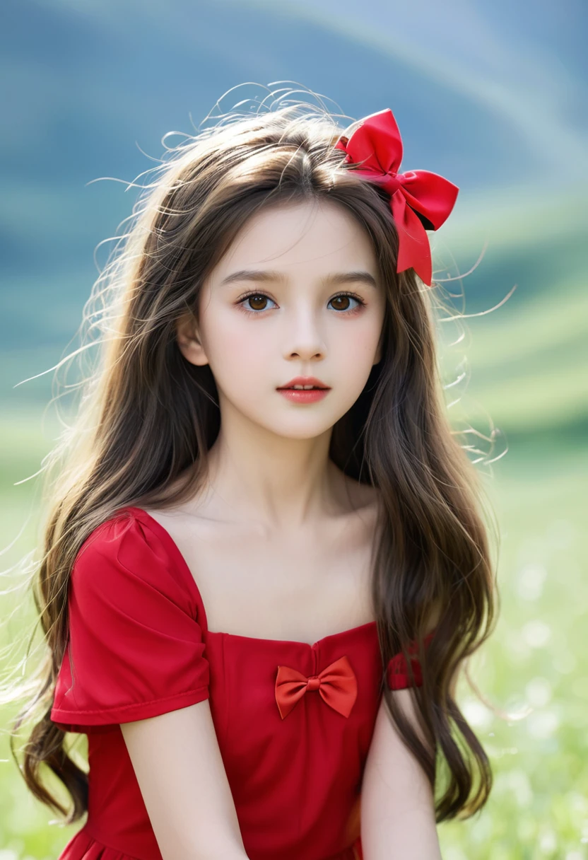 Fashion photography of children, red dress, strong sense of design, medium shot, 8--old l, Indian little long hair, hair accessories, delicate skin, cute and lively, simple background, high texture, backlight, professional studio lighting