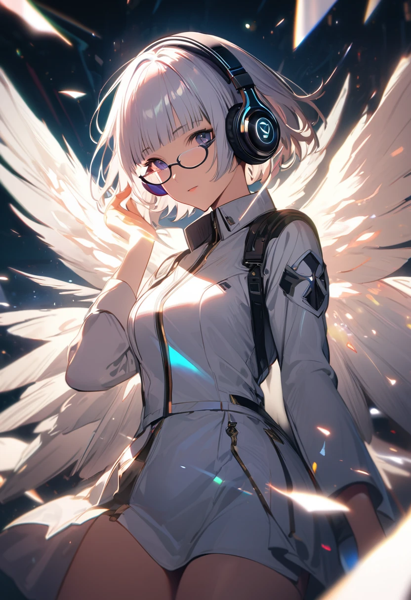 (extremely detailed fine touch:1.3), 2D, front shot, (super very white short hair:1.3), blunt bangs, (((underrim glasses:1.3))), (headphones:1.3), Fantasy woman in the form of a divine angel with huge wings in a magical heavenly light, Glow-effect, Slow Motion, Particle effect, feather effect,
