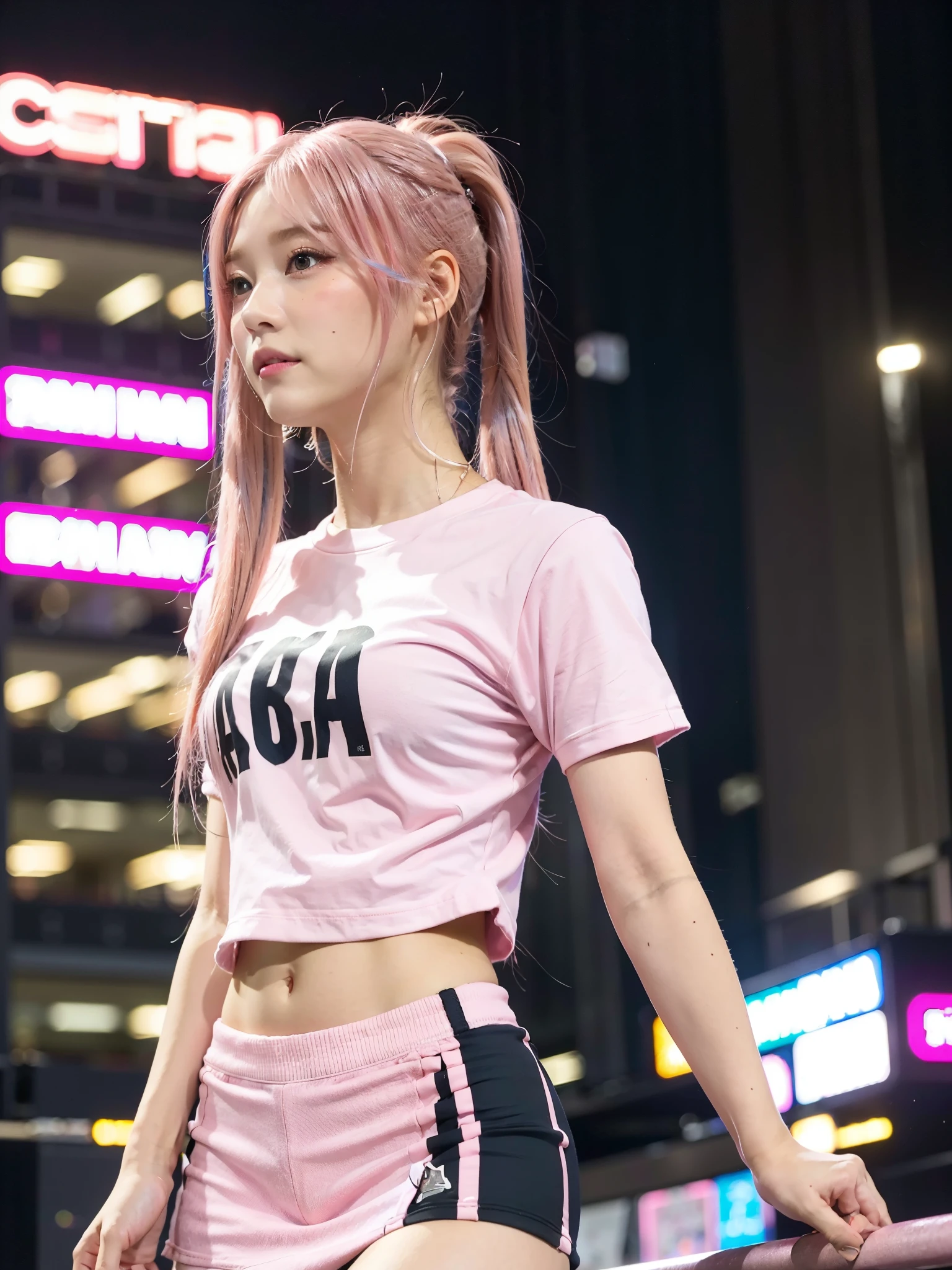 Top quality, 1 beautiful woman, (Pink hair:1.5), ((Twintails)), wearing Football T-shirt, mini skirt, 50mm lens, f/1, profile, Night, Neon Lighting, at cyberpunk City