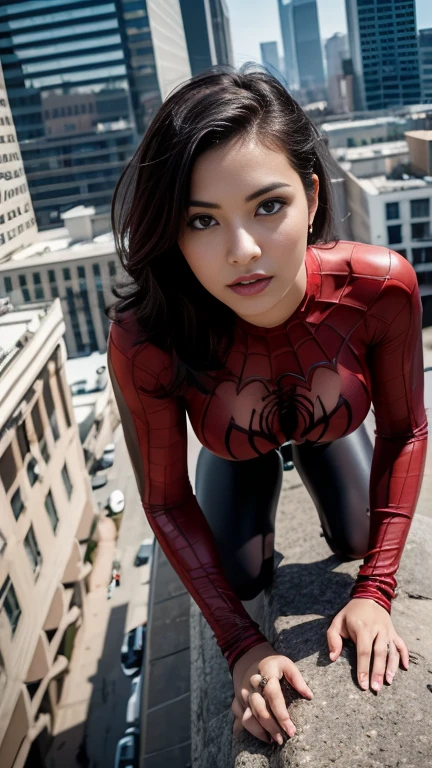 Photo of a slender female ( beautiful, 18s, volu breasts) Spiderwoman perched high atop a building, viewed from above, with an intricate background.
looking to the viewer
