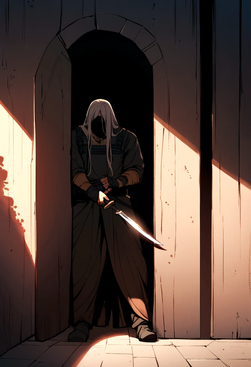 1 man with long hair, a mercenary, holding a knife, hiding behind a wall.