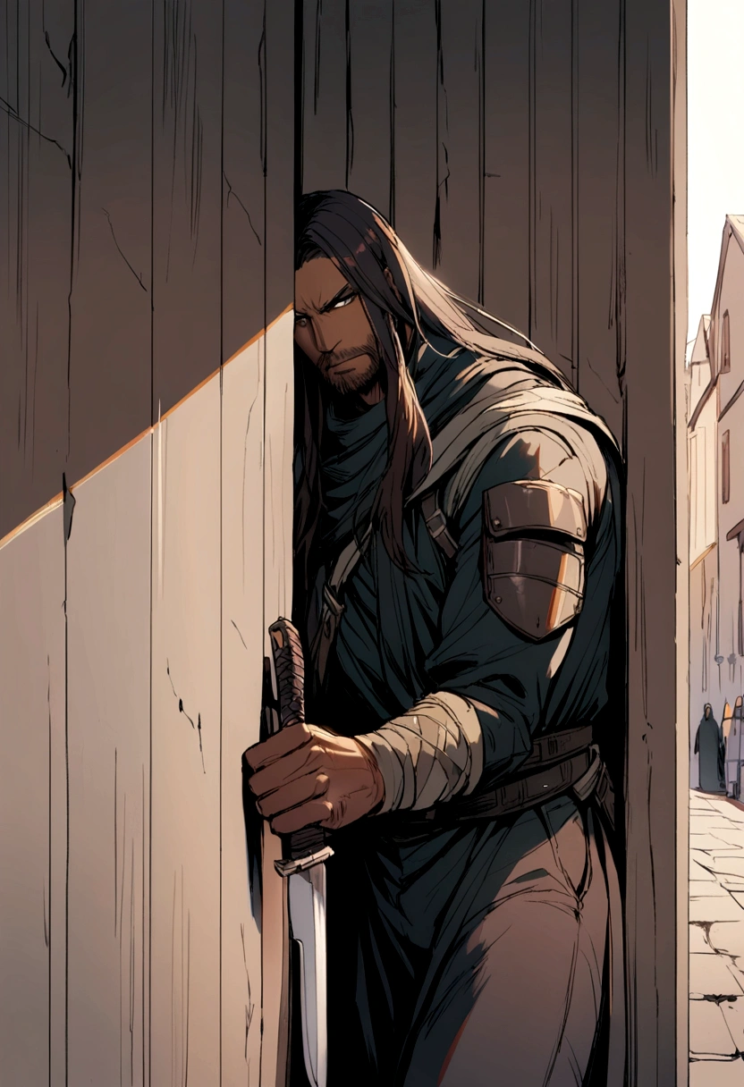 1 man with long hair, a mercenary, holding a knife, hiding behind a wall.