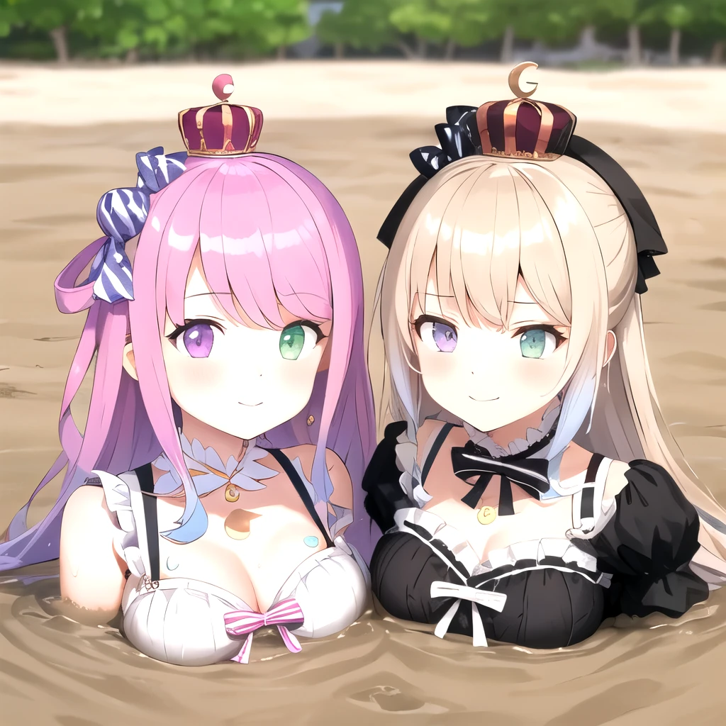 2girls,(detailed_face:1.4), partially submerged, mud, character,Himemori Luna (5 Outfits) | Hololive | [Pony XL],purple eye, green eye, girls stuck, girls drowning, (big breast) , crowded,beach, long hair