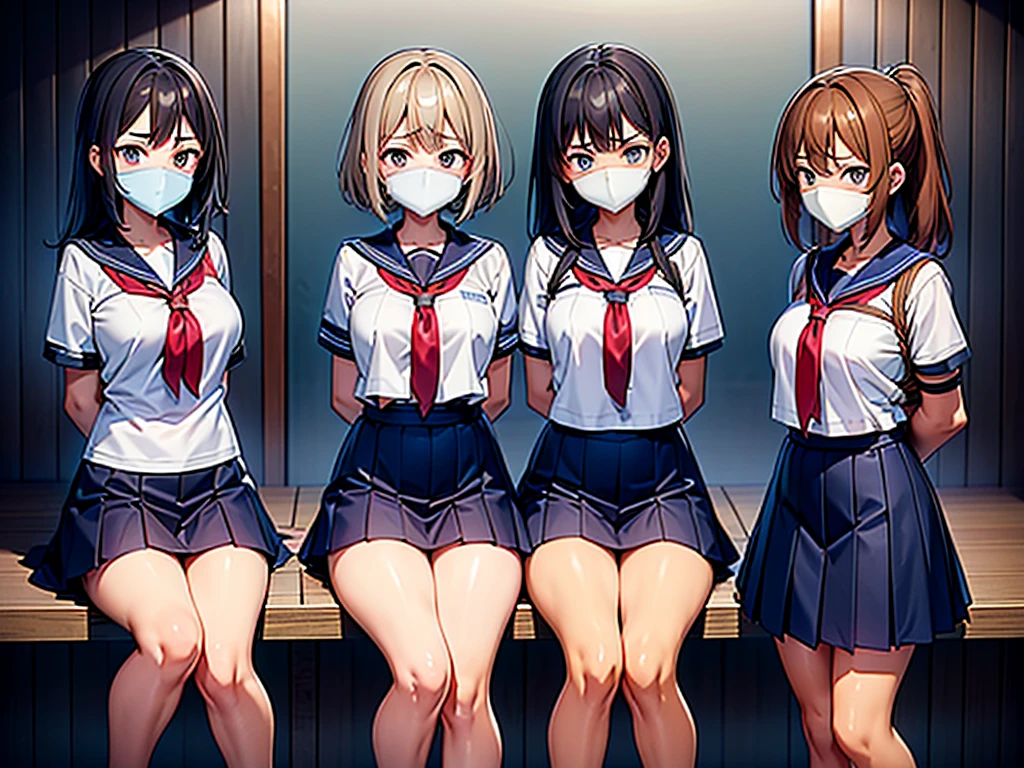 Ticker, ((4 high school girls)), ((Cross-legged)), ((Locked in a warehouse)), ((Four women)), (Highly detailed CG Unity 8k), (Highest quality), (Very detailed), (Ultra-high resolution), gag,Sailor suit, Rope Bondage, breasts Rope Bondage, hands back Rope Bondage, leg Rope Bondage, thigh Rope Bondage, bust Rope Bondage, feet Rope Bondage, ((fold your hands behind your back)), ((Tie your wrists behind your back)), ((Ankle binding)), 白い布でgag, Navy Blue Skirt, The first one has long black hair, The second person has brown hair and a bob cut.., The third has medium length red hair.., The fourth person is a silver-haired ponytail.., Bondage, ((head band)), Crying face, Four people huddled together,