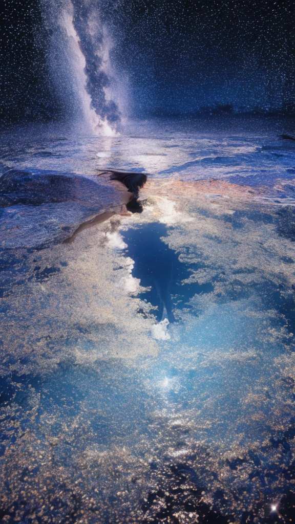 Linoleum print of a teenager reflected in water under a starry sky,meteor,Lively,colorful,texture,pattern