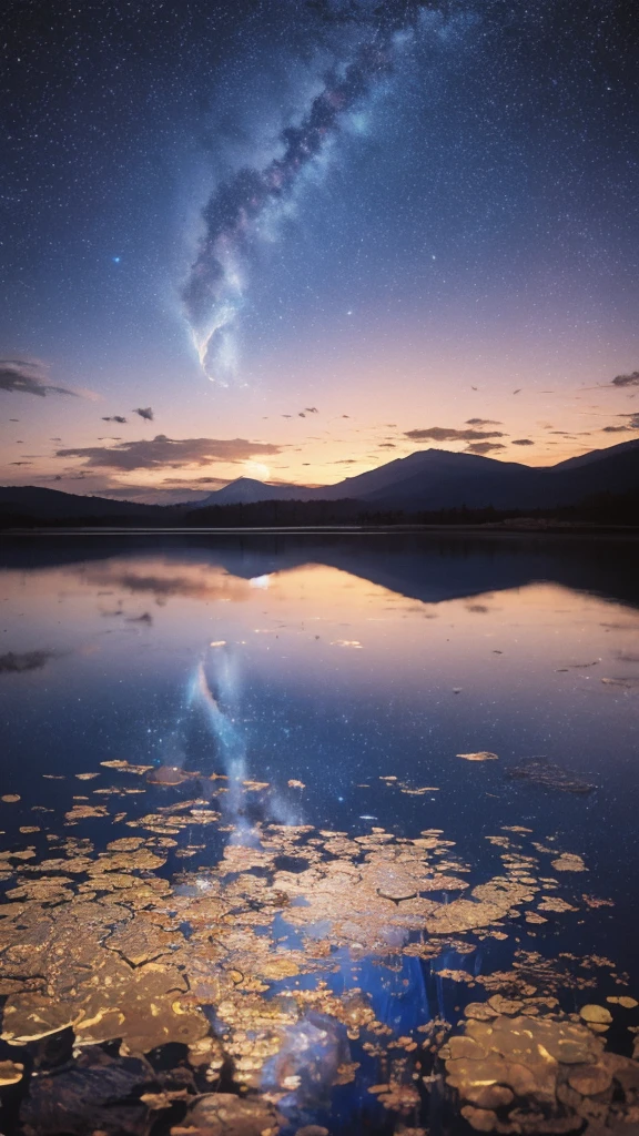 Linoleum print of a teenager reflected in water under a starry sky,meteor,Lively,colorful,texture,pattern