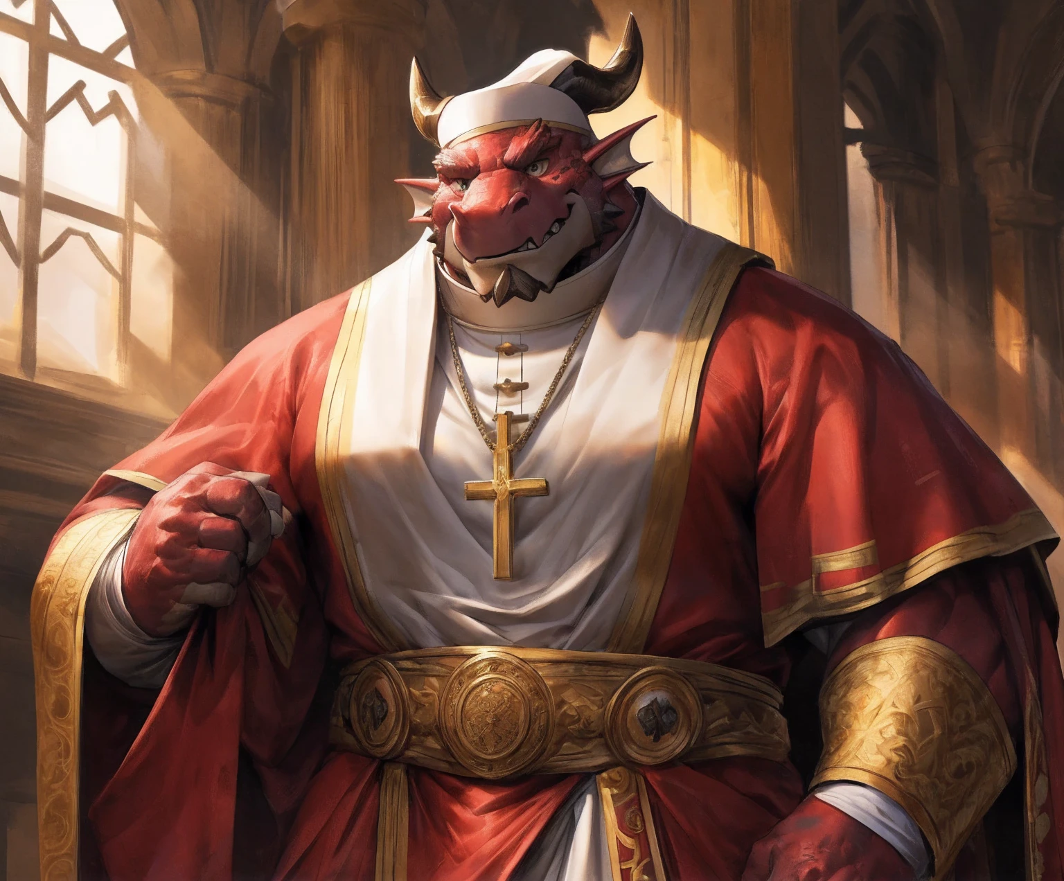 human nature, cannon, male, solitary, ((the strong,Handsome)), (dragon),((Traditional Catholic Pope outfit,No hat)), standing,((Traditional Catholic style)),Hand in hand cross,high quality, (4K,high quality, high resolution, masterpiece), Front view (close up), cartoon,by lindong
