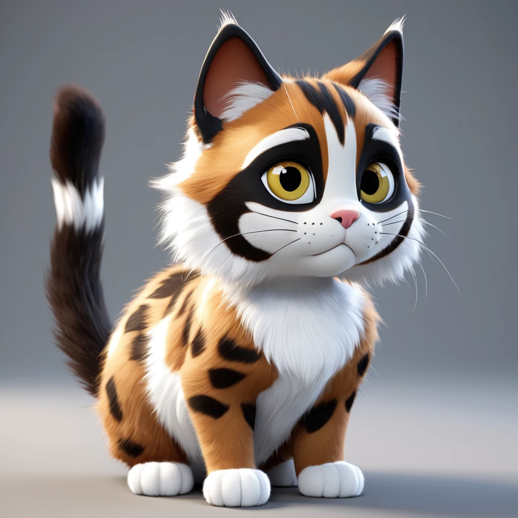 The cat hasbrown white and black fur on its back with brown markings on its face, 3d cartoon, 3d render, pixar style, side view