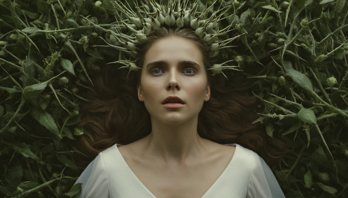 cinematic film still,From above,Juxtaposition of a eerie epic photo of a woman3 wearing white dress with her eyes opened covered in hair and thorns,solo,lost look, slight smile,no humans,plant,aesthetic (theme) Juxtaposition,artistic,photography,dramatic light,dramatic shadow light,contrast,saturated color,cinematic,filmic,photographic,realistic,realism,perfection,perfect,Juxtaposed,opposite,different things,side by side,syncretism,antithesis, creative, photorealism, hyperrealism, Fine art photography style, Fine art cinematic photography style, shallow depth of field, vignette, highly detailed, high budget, bokeh, cinemascope, moody, epic, gorgeous, film grain, grainy