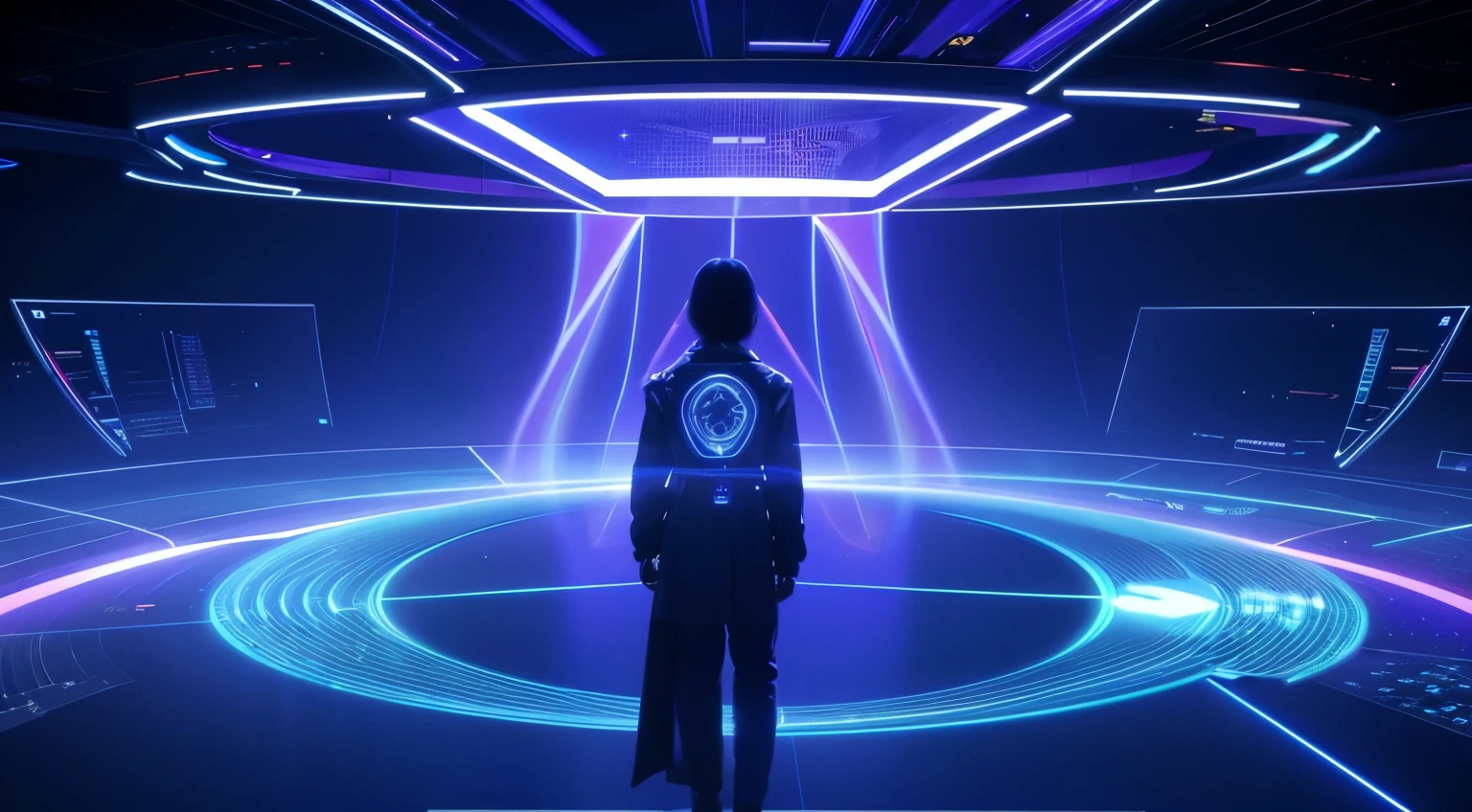 technology blue purple future technology digital future lighting scene business background,There is a virtual interface above, , Holographic interface, Large cyberarrays Data holograms, technology, Large arrays data hologram, technology与AI in harmony, Computers and holograms, holographic display lenses,, Holographic projection system cancelled