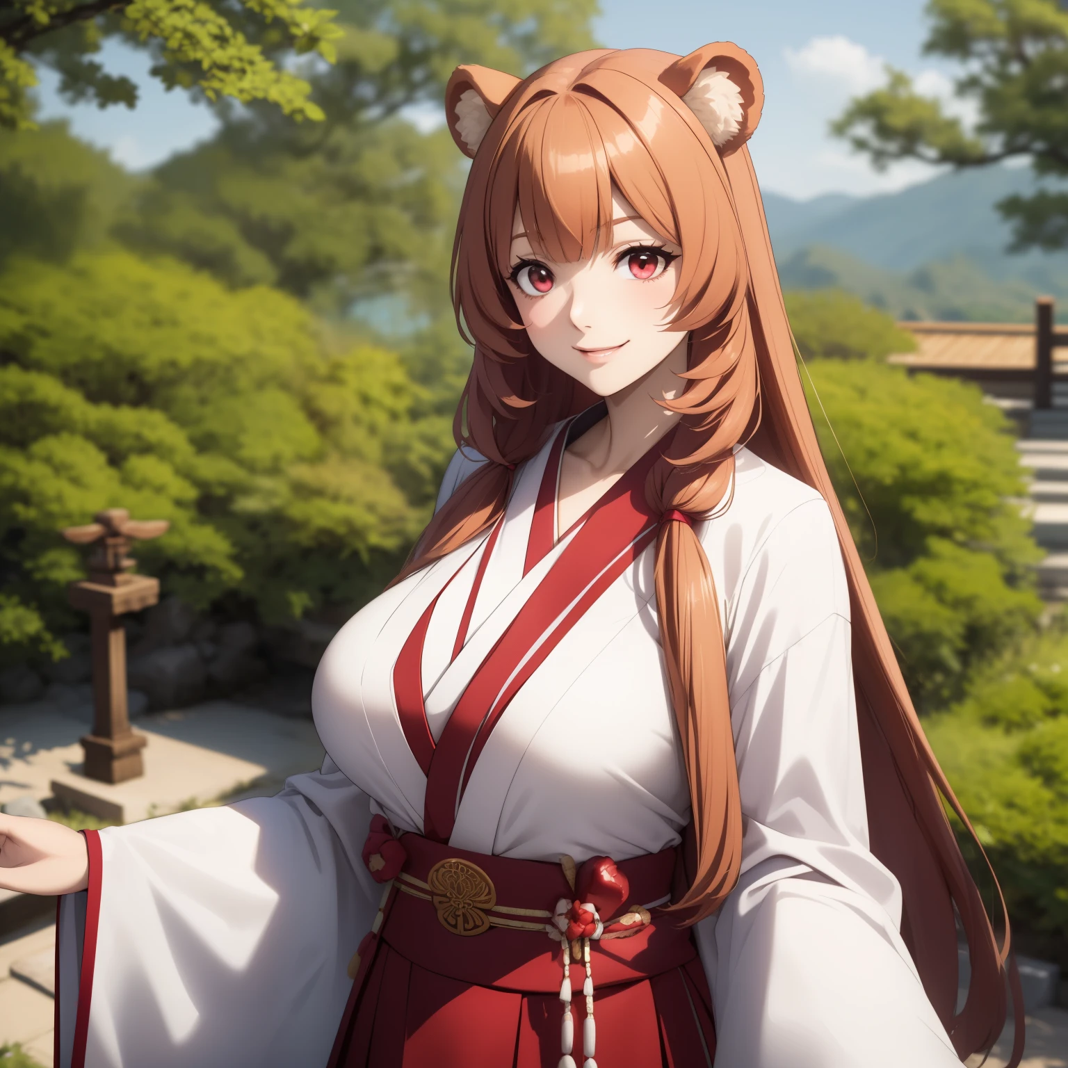 Raphtalia woman 35 years old straight orange hair , bear ears redondeadas, red eyes like ruby., flirtatious smile, pale skin, big breasts, japanese priestess clothing, White and red, pink belt, , bear ears, ,  background of a japanese garden, cherry trees. perfect hands.