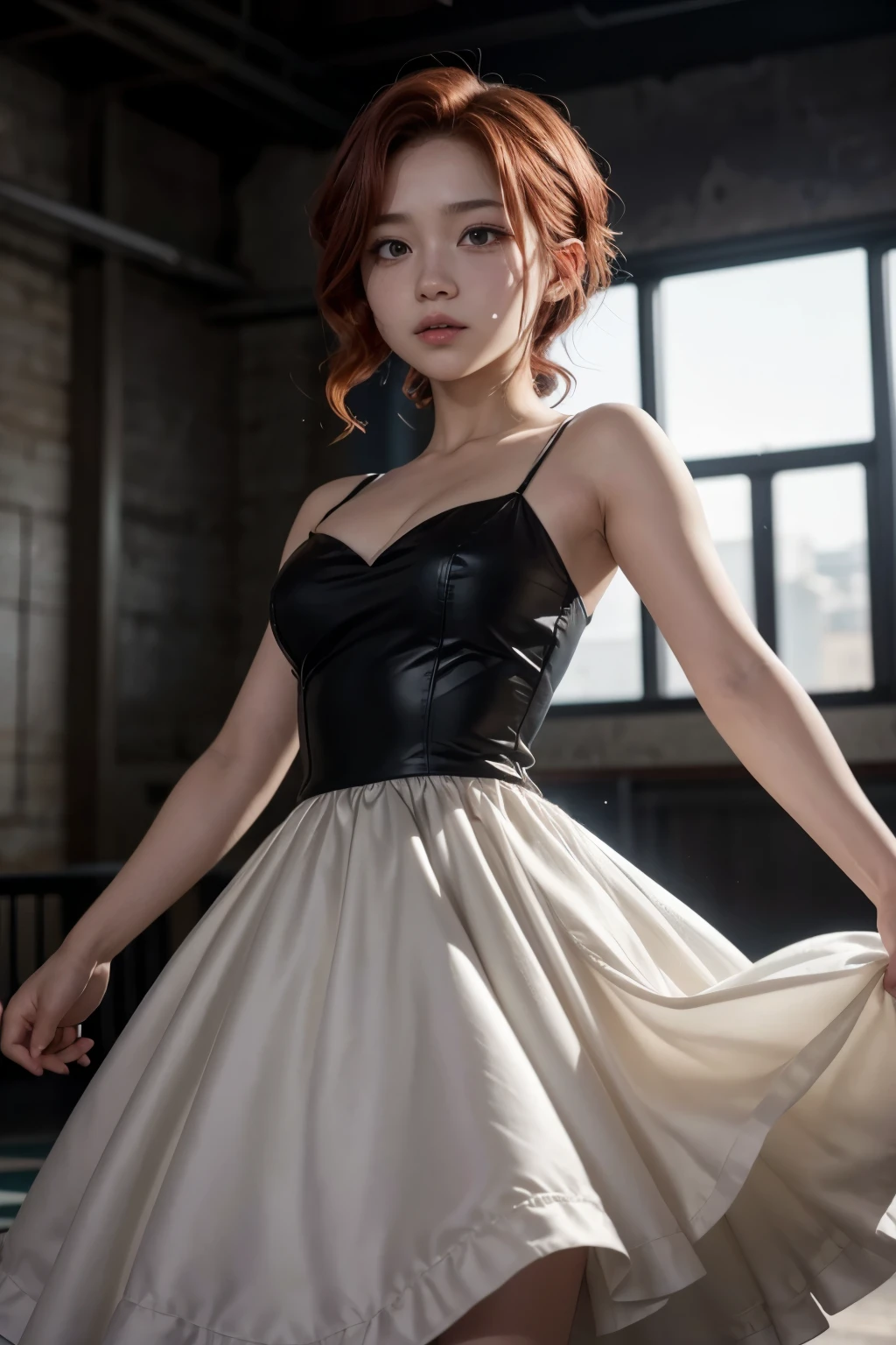 screenshot to the Anime of boku no Hero Academia with the character Bakugo Katsuki in a ball gown dancing with a short girl with shoulder-length wavy red hair and a mole on her right cheek under her eye, she has light brown eyes and white skin next to a sexy black dress.