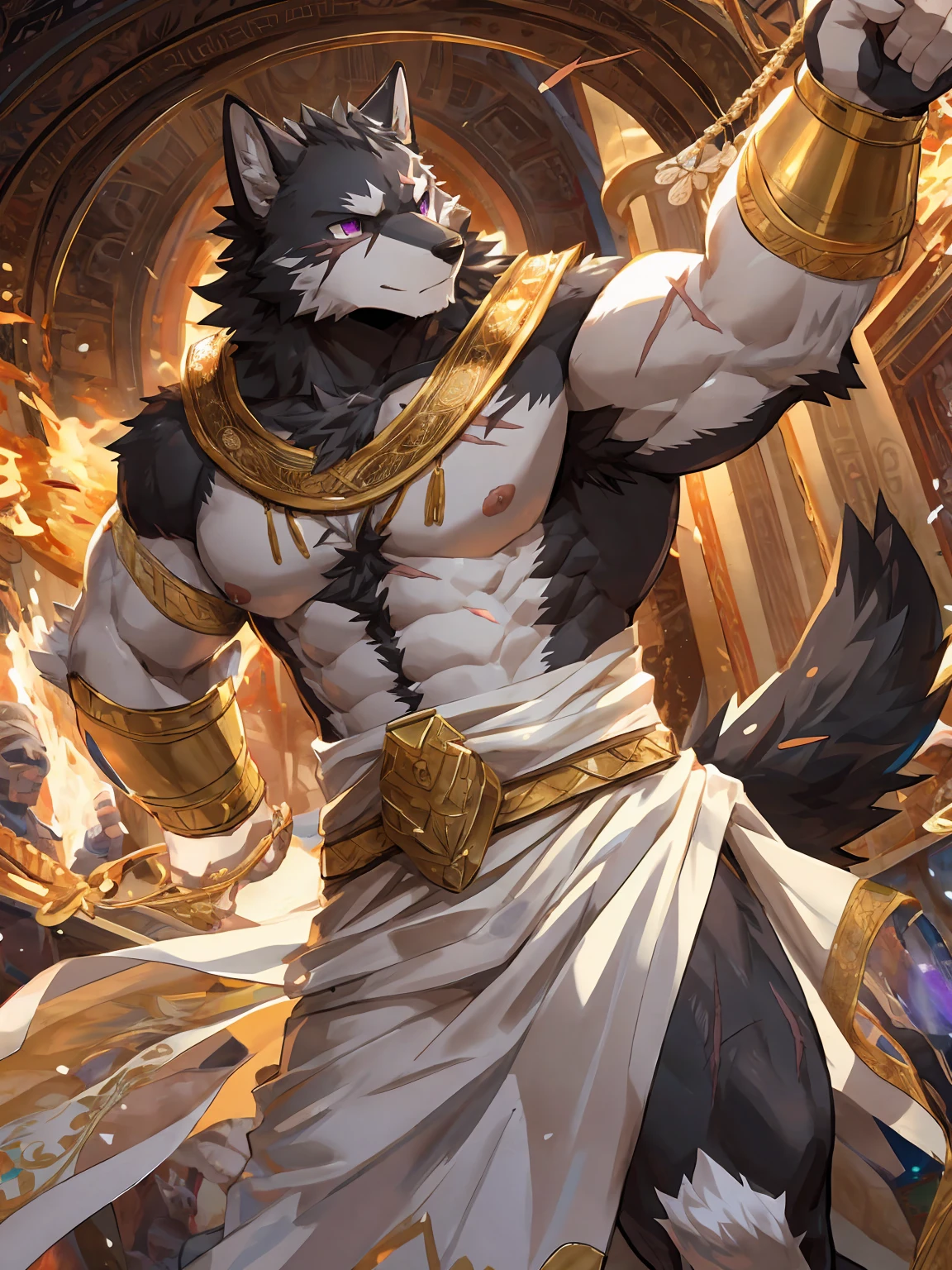 embedding:black wolf, male,purple eyes,Scar on the face, scar on the body,Single person,Toga,Costumes of ancient Greece,White clothes,Gold decoration,White halo overhead,Sacred tattoos,sacred,Expressions and movements full of divinity,A serious expression,The highest quality of scene detail,adult,Tall and powerful,muscle,Best quality hands, best quality eye,detailed fur,Delicate eyes.Extreme picture quality,by sollyz,by zixiong,by milkytiger1145