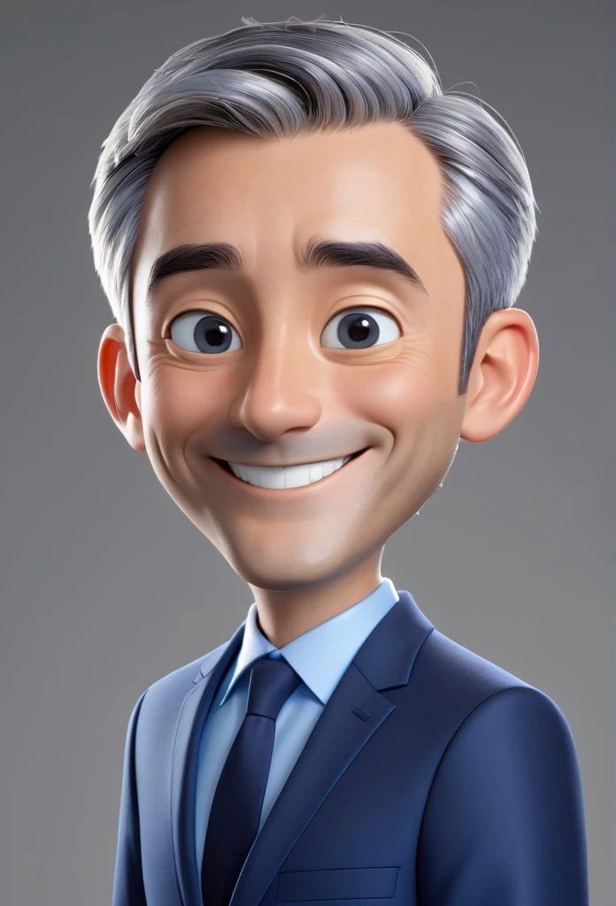 3d cartoon style, 40 years old man, short gray hair, little hair, in a dark blue suit and light blue shirt, no tie, smiling at the camera, foto perfil, commercial shot., face is brightly lit