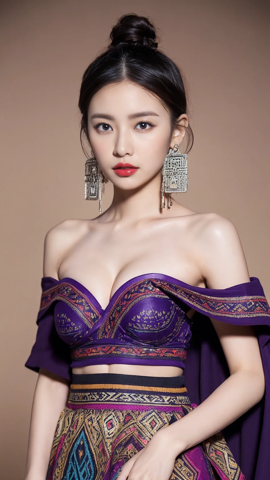 ((Realistic lighting, Masterpiece: 1.3)), (raw photo:1.2), Hyperrealist portrait gorgeous Beautiful tribal Chinese female, mature woman, 30 years old, Milf, beautiful face, beautiful detailed charming eyes, (pretty natural breasts: 1.1), ((tribal dark purple strapless top: 1.1), (sexy tribal dark purple skirt), (tribal cloak), tribal hijab), tribal loin cloth, tribal jewelry, tribal palace background, legendary style, epic style, full body, standing, professional photography, font view, very detailed faces, (red lips, subtle makeup: 1.2), Best quality, 8K, colorful style