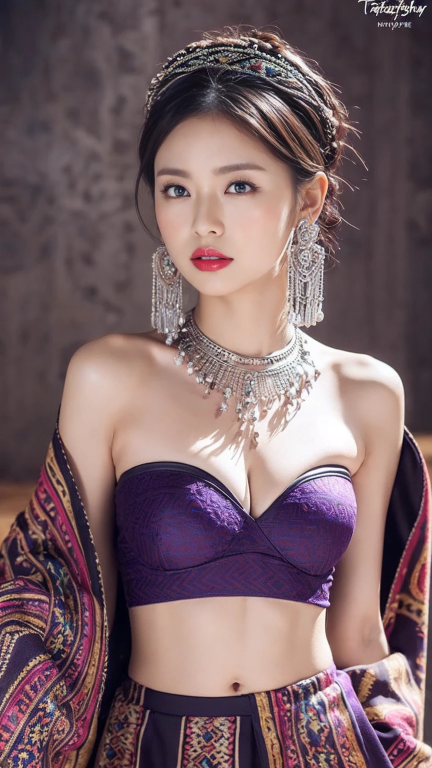 ((Realistic lighting, masterpiece: 1.3)), (original photo:1.2), Hyper realistic portrait of gorgeous beautiful chinese tribal woman, Mature woman, 30 years old, Mature woman, pretty face, Beautifully、Charming eyes,Very attentive to details, (beautiful natural breasts: 1.1), ((Tribal Dark Purple Bandeau Top: 1.1), (Sexy tribal dark purple skirt), (Tribal Cape), tribal turban), tribal belt, tribal jewelry, Tribal Palace Background, legendary style, magnificent style, whole body, Standing, Professional photography, Font view, Highly detailed face, (red lips, subtle makeup: 1.2), best quality, 8k, colorful style