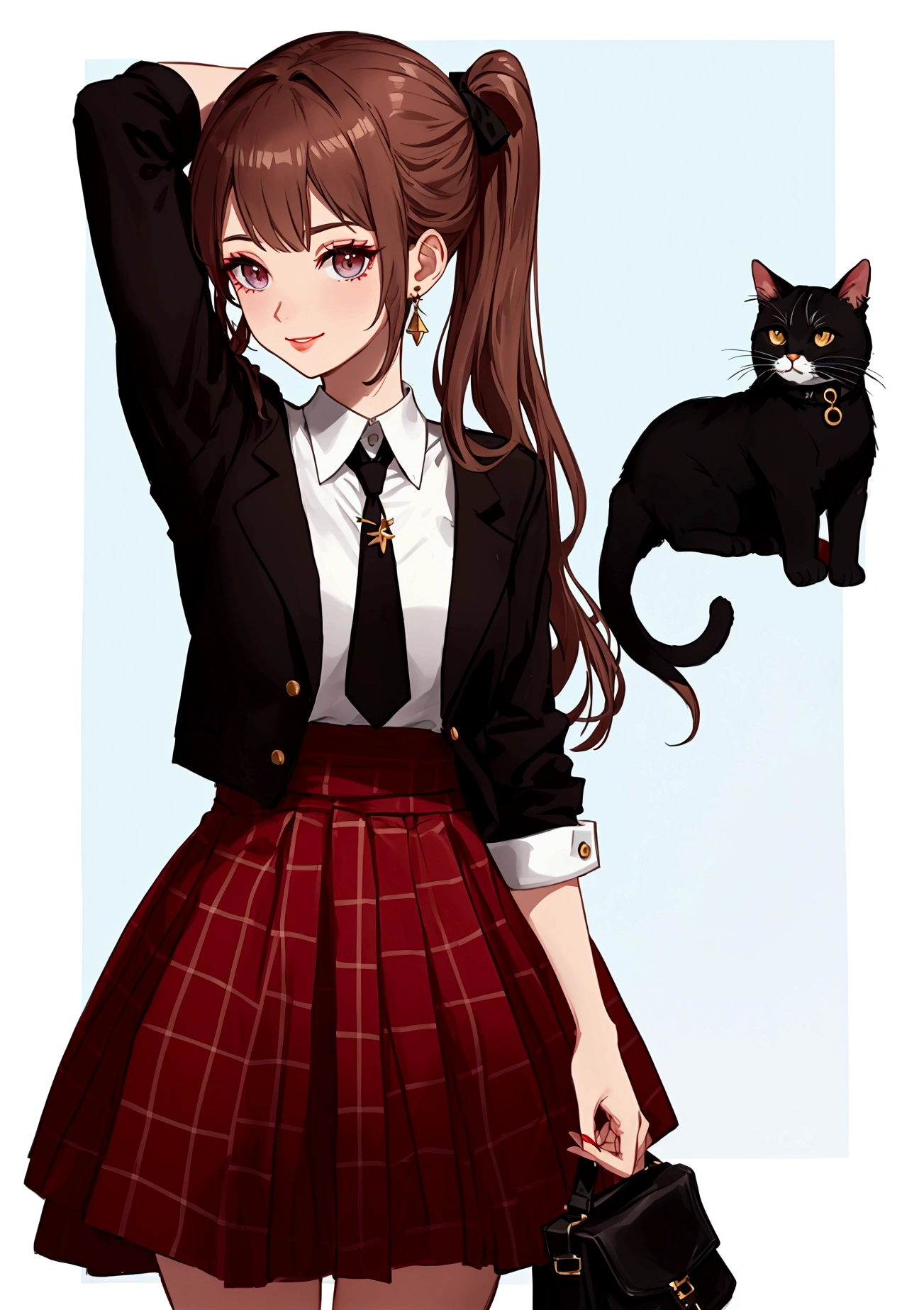 create a 3d avatar of a woman in a Pixar-style animation:
Skin: Fair.
Height: .
thick Body: big , thick thighs, Slim waist
Hair: Light brown, straight, very long, with bangs.
Eyes: Large, light brown, with eyeliner.
Lips: Small, with red lipstick.
Nose: Small, narrow, and fine.
Cheeks: Medium, rosy.
Chin: Small and round.
Outfit: rosy shirt, black jacket, red Plaid skirt, dark pantyhose
Accessories: Earrings and cat-sharped necklace.
she have a Shy and cute smile