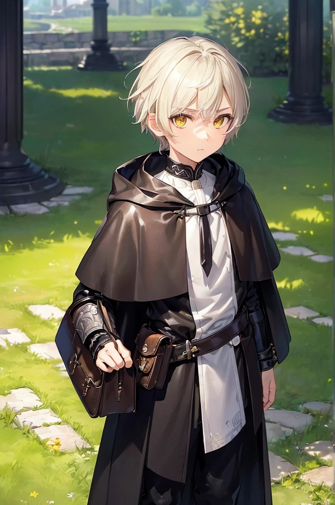 (masterpiece; best quality: 1.2), (finely detailed eyes: 1.3), ((10 year old male kid)), ((solo)), (yellow eyes: 1.4), (body; short, slender: 1.3), (short white hair: 1.3), (beautiful and clear background: 1.2), ((depth of field)), (clothes: traveler dark spellblade attire + leather armor + black cloak + pouches and satchel: 1.3), (anime illustration: 1.2), (background; garden exterior: 1.1), (extremely fine and handsome: 1.1), (shot composition; standing + centered on torso + close-up: 1.5), (expression; calm, stoic: 1.2)