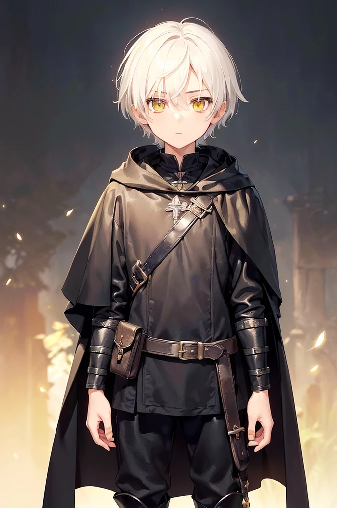 (masterpiece; best quality: 1.2), (finely detailed eyes: 1.3), ((10 year old male kid)), ((solo)), (yellow eyes: 1.4), (body; short, slender: 1.3), (short white hair: 1.3), (beautiful and clear background: 1.2), ((depth of field)), (clothes: traveler dark spellblade attire + leather armor + black cloak + pouches and satchel: 1.3), (anime illustration: 1.2), (background; garden exterior: 1.1), (extremely fine and handsome: 1.1), (shot composition; standing + centered on torso + close-up: 1.5), (expression; calm, stoic: 1.2)