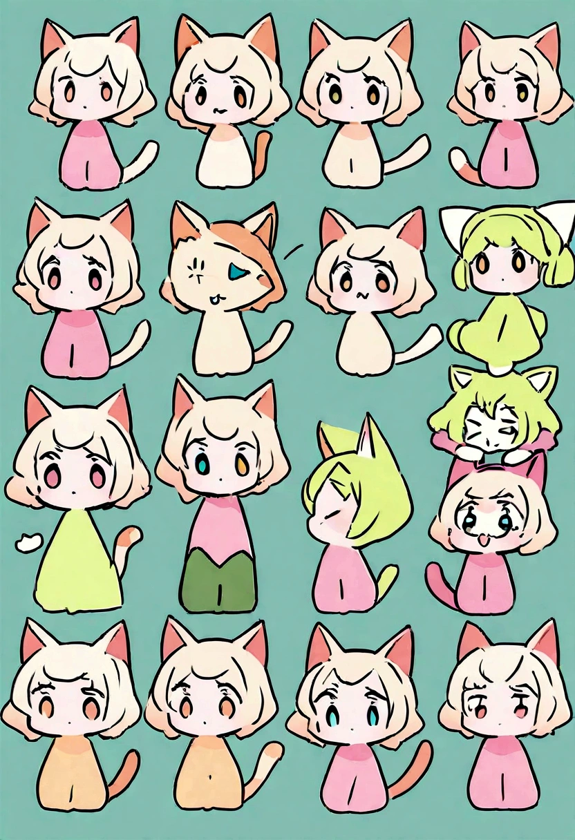 List of illustrations of cute cat poses, several side-by-side, cute colors and poses, best image quality