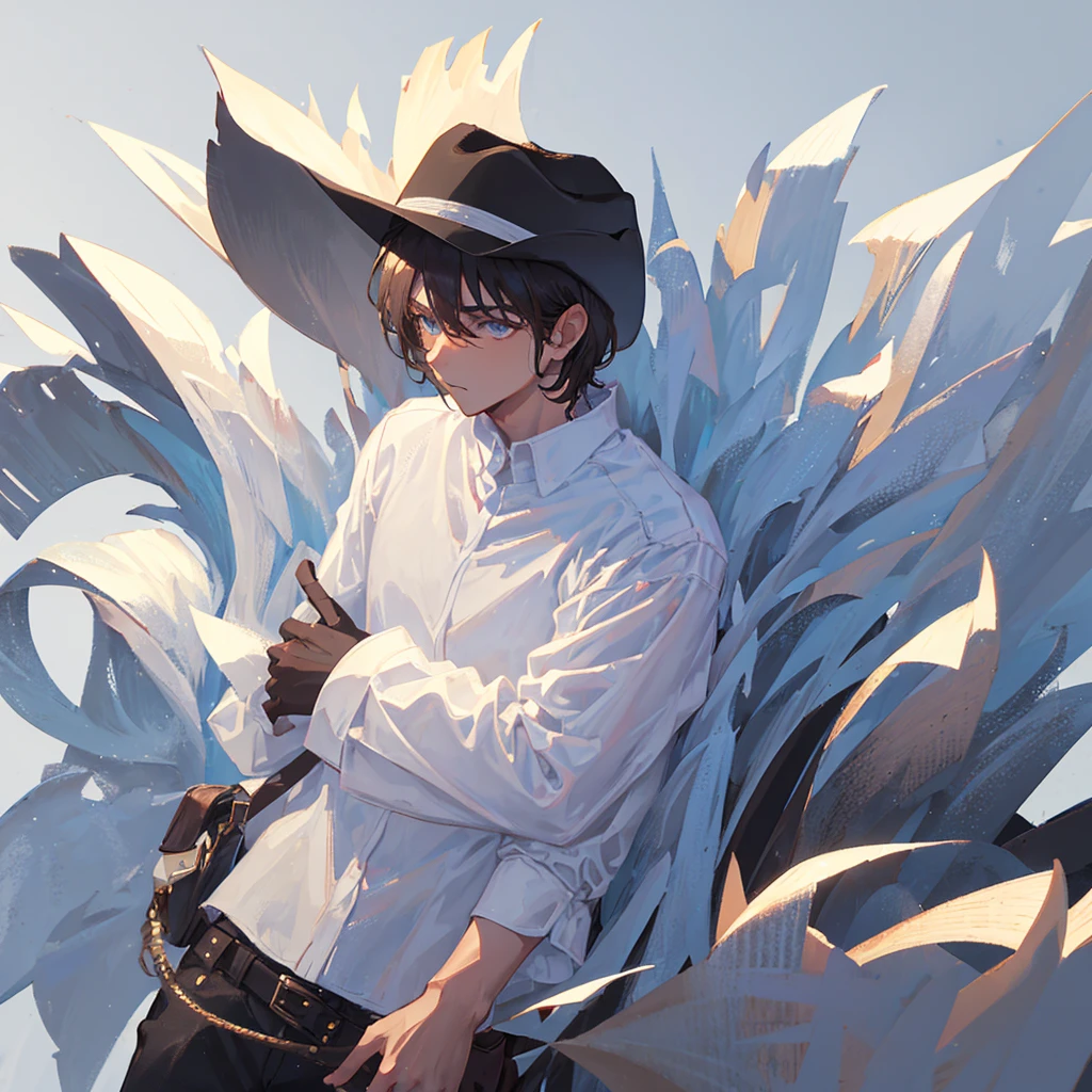 male，Wearing a white shirt，Black short hair，Wearing a brown cowboy hat，Handsome，Cold，((Pure white background))