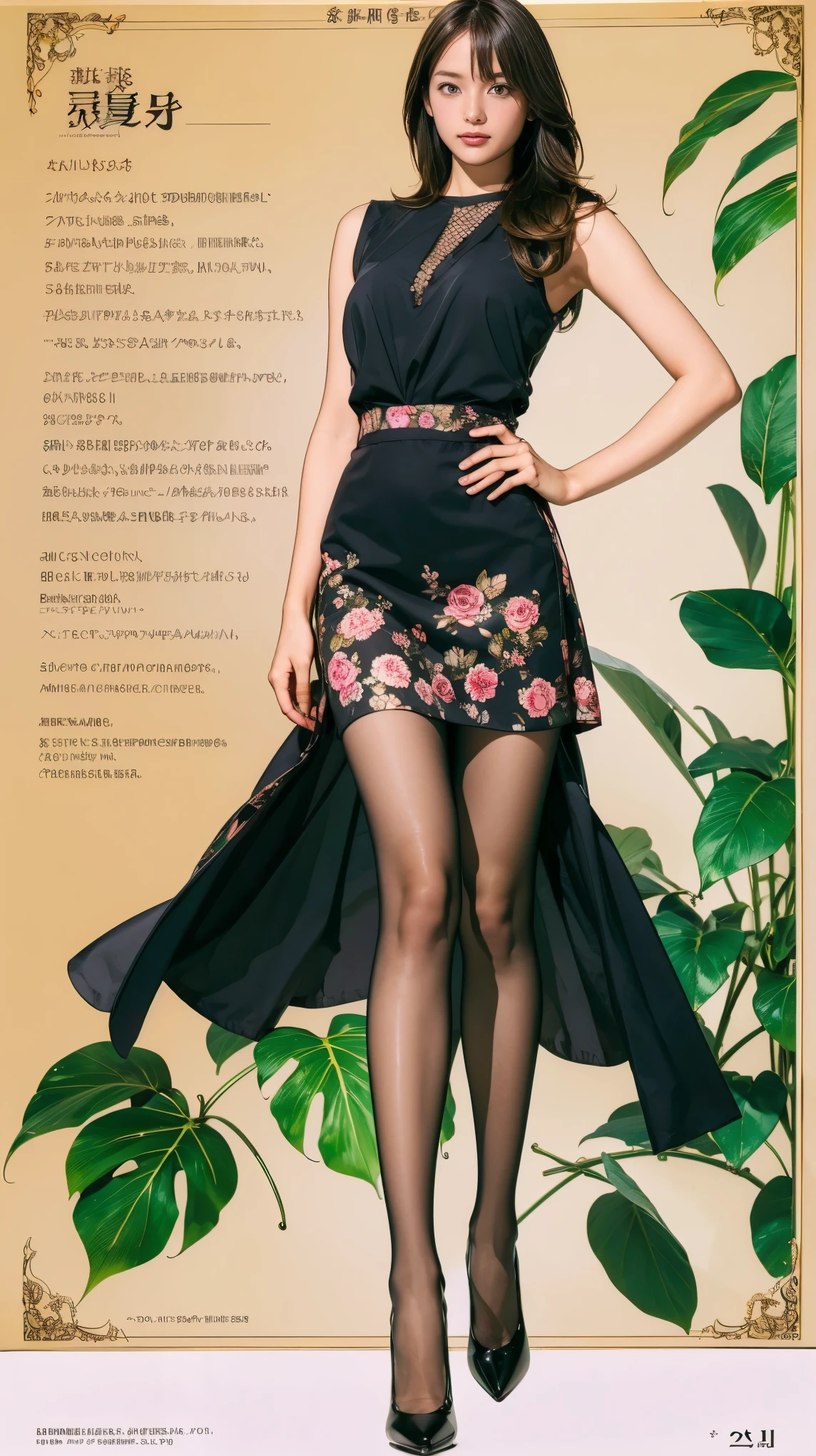 ((masterpiece)),(((Highest quality))),((Character design sheet)),Thin thighs,Long legs,whole body:1.5,(One Girl:1.3),(Black pantyhose and thick pointy heels:1.3),(Wearing a floral and plant patterned mini skirt dress:1.2),Short blonde:1.2、Model pose,Floral and botanical background:1.5,