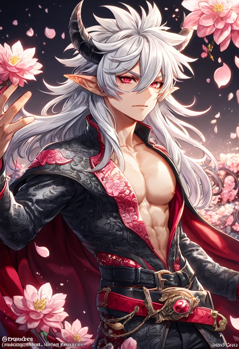 absurdres, highres, ultra detailed, HDR, master piece, best quality, Krozerus, white hair, spiked and messy hair, long hair, hair between the eyes, expressive red eyes, Dream and Legacy, solo, sexy man, handsome, demon, slightly pointed ears, black horns, black cape, bare chest, belt around his chest, fantasy, shining, water, pink flowers, blossoms, magical, pink petals