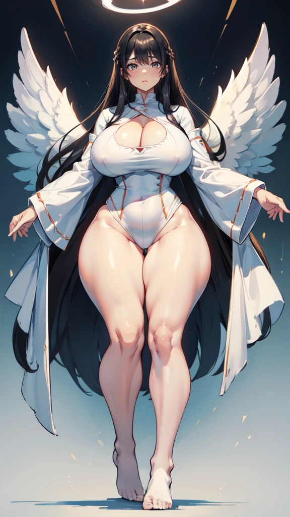 blank background, ((full body framing)), standing, (masterpiece), (best quality), huge girl, (muscular girl:0.8), (wide hips:1.5), (thin hair:1.7), massive breast, (long legs:1.6), big cleavage, cute:1.8, adorable:1.8, ((curvy:1.3)), angel girl, (white wings), halo,solo, 1girl, ((thick thighs:1.4)), ((flying in air)), (one leg bent), white robe with long sleeves, barefeet
