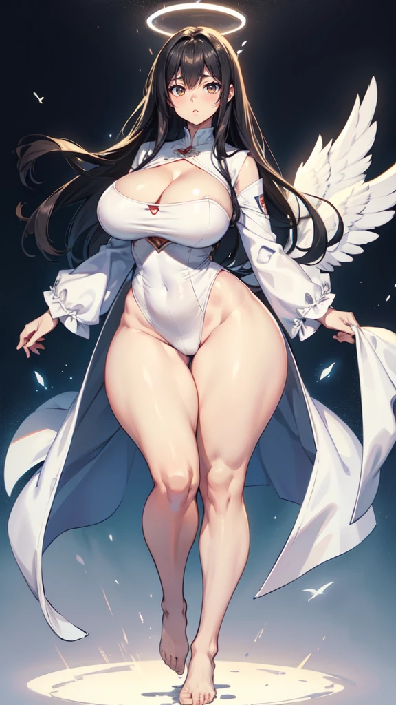 blank background, ((full body framing)), standing, (masterpiece), (best quality), huge girl, (muscular girl:0.8), (wide hips:1.5), (thin hair:1.7), massive breast, (long legs:1.6), big cleavage, cute:1.8, adorable:1.8, ((curvy:1.3)), angel girl, (white wings), halo,solo, 1girl, ((thick thighs:1.4)), ((flying in air)), (one leg bent), white robe with long sleeves