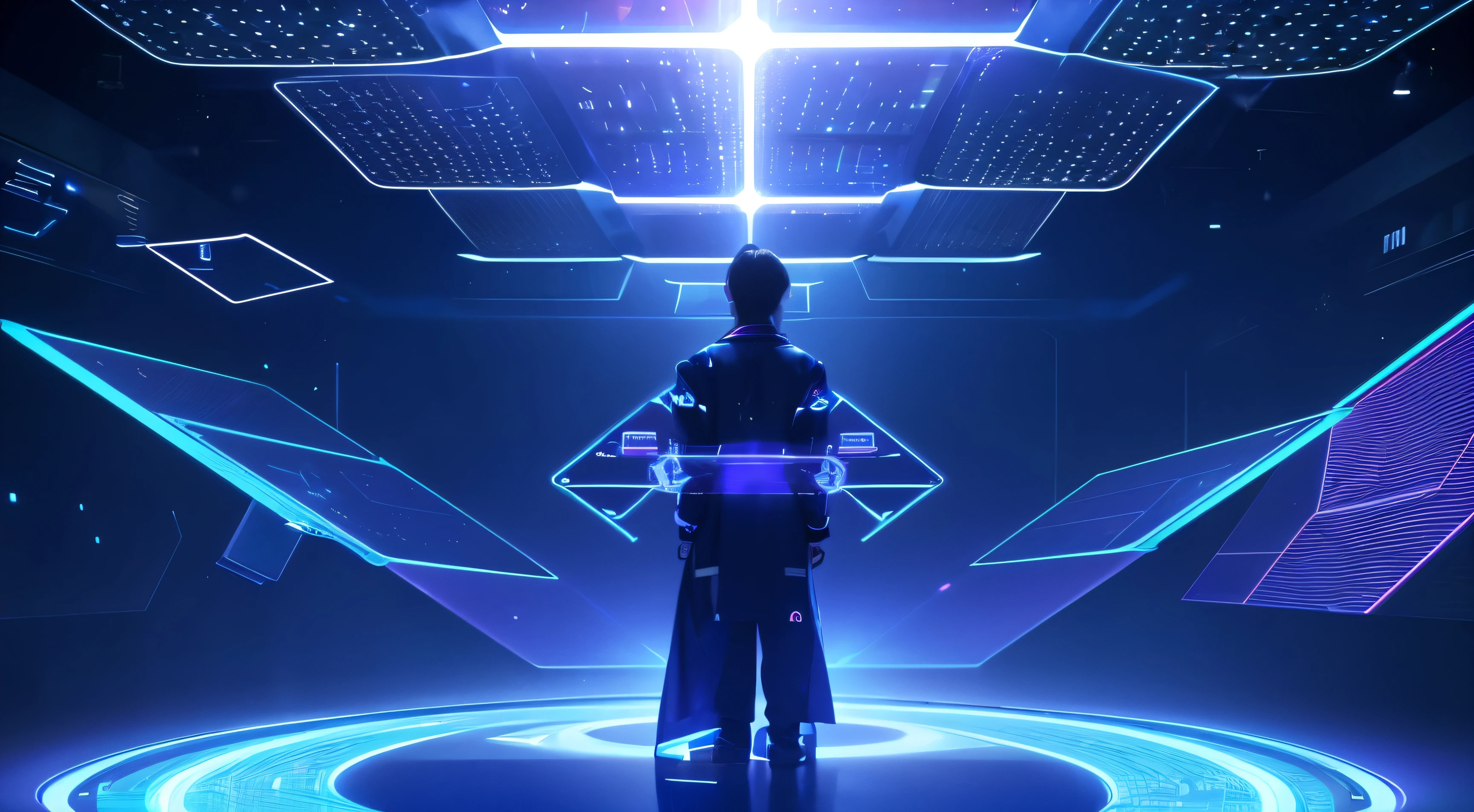 technology blue purple future technology digital future lighting scene business background,There is a virtual interface above, , Holographic interface, Large cyberarrays Data holograms, technology, Large arrays data hologram, technology与AI in harmony, Computers and holograms, holographic display lenses,, Holographic projection system cancelled
