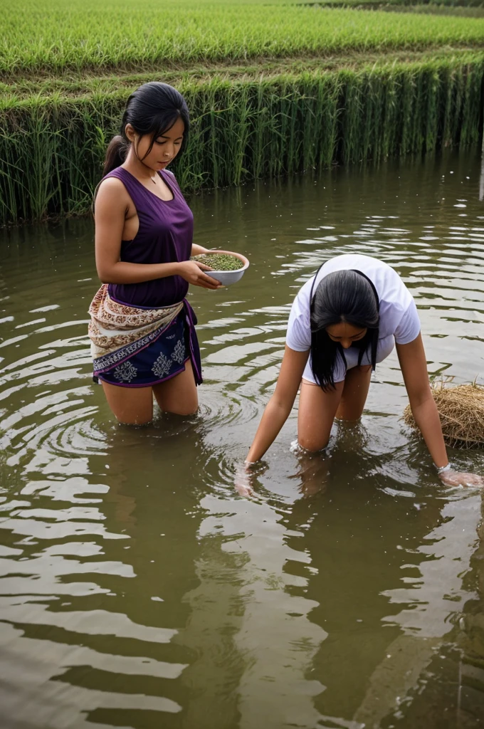 Many women planting rice in water