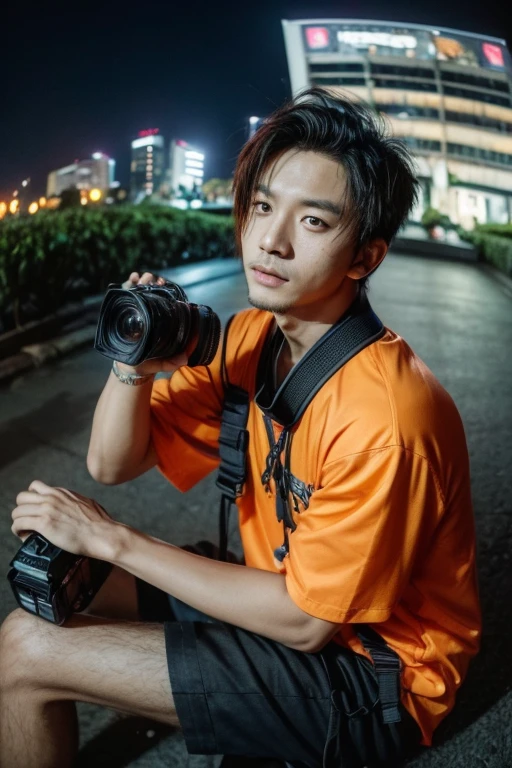 asian man sitting on the ground in front of a building, wideangle portrait, wide angle dynamic portrait, extreemly detail, anime style mixed with fujifilm, wide - angle portrait, fisheye portrait, night fision, sitting in monas jakarta,(( holding a nicon camera )),(( holding a camera )),(( holding a nicon camera )),(( holding a nicon camera )),(( nicon camera in hand )), indonesian streetwear, in the streets of jakarta, portrait of a indonesia teen, wearing indonesian techwear, wide angle + masterpiece, jakarta looks like jungkook with a beautiful short mullet hair, tatoo