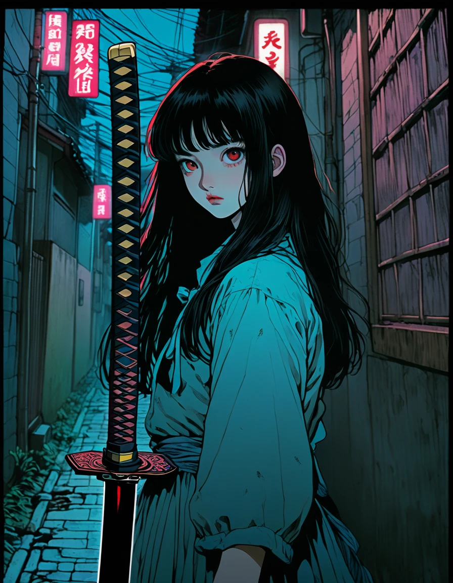 illust、art、from 80s horror movie, directed by Junji Ito、Girl with a Japan sword、darkness、Alley、nightmare、anxiety、high detail, realsitic shadow、Analog style, vhs style, 8mm film, chromatic aberration, Dvd screengrab、Surrealism