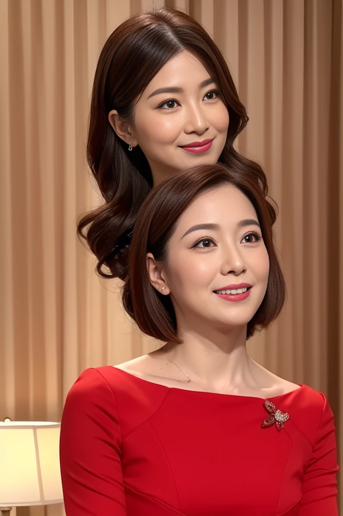 Giving a massage to a man、Highest quality、High resolution、Photorealistic、Raw photo、8k wallpaper、perfection、Professional Lighting、Very detailed、Depth of written boundary、Light solid color background、((Japanese mature woman in her 50s))、Chubby figure、Sexy Woman、Detailed face、Beautiful Eyes、bangs、Big and ample breasts、Vermilion half-up hairstyle、Faint lips、((I am very surprised、Surprised face、Mouth open in surprise))、Business Wear、Legs outside frame、Looking at the viewer、((Stylish red dress))