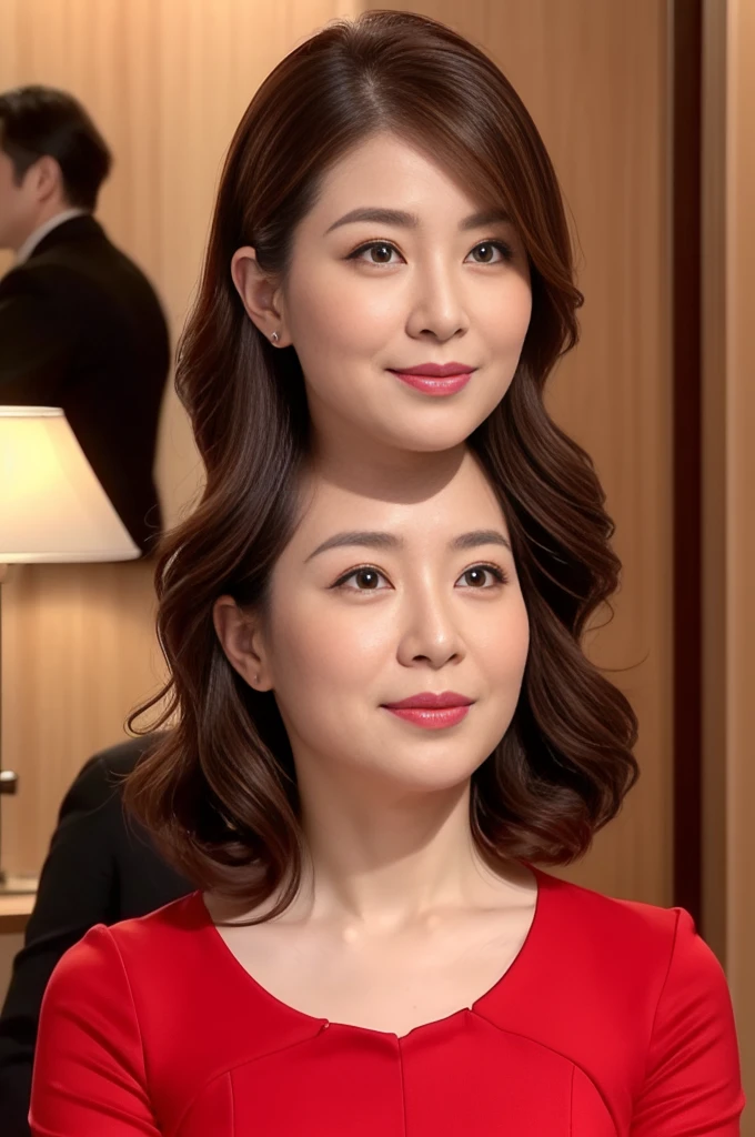 Giving a massage to a man、Highest quality、High resolution、Photorealistic、Raw photo、8k wallpaper、perfection、Professional Lighting、Very detailed、Depth of written boundary、Light solid color background、((Japanese mature woman in her 50s))、Chubby figure、Sexy Woman、Detailed face、Beautiful Eyes、bangs、Big and ample breasts、Vermilion half-up hairstyle、Faint lips、((I am very surprised、Surprised face、Mouth open in surprise))、Business Wear、Legs outside frame、Looking at the viewer、((Stylish red dress))