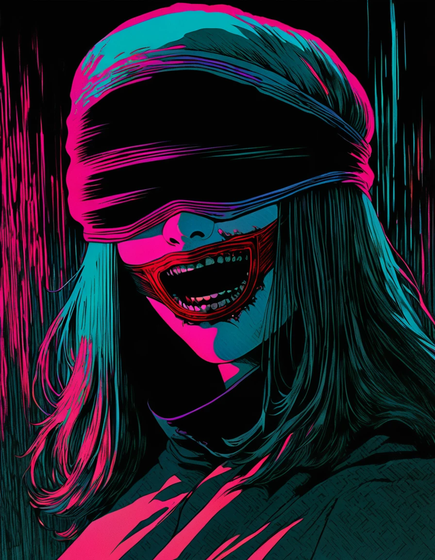 illust、art、from 80s horror movie, directed by Junji Ito、Being blindfolded、nightmare、anxiety、high detail, realsitic shadow、Analog style, vhs style, 8mm film, chromatic aberration, Dvd screengrab、Surrealism