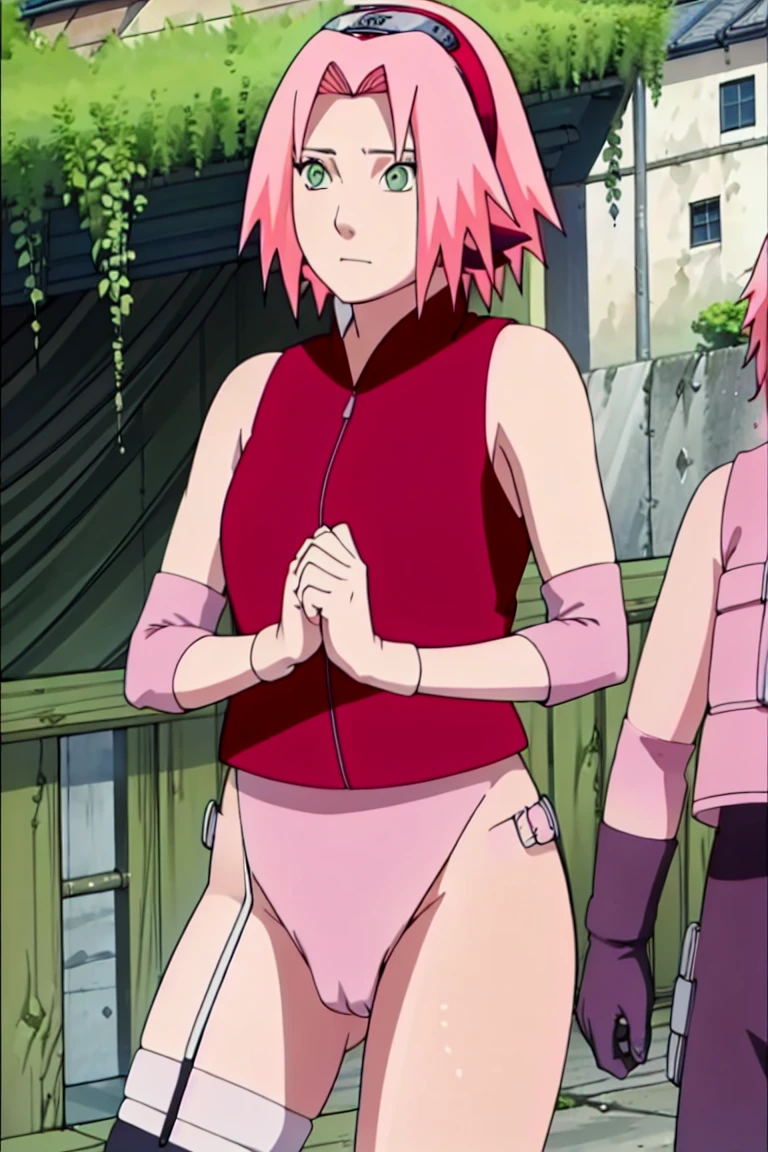 spread legs, ((pussy, bottomless, naked)). High quality, ultra detailed, realistic artwork of a "Sakura Shippuden" scene with vivid colors, perfect for 4K or 8K resolutions. The scene depicts Sakura Haruno., a young woman, She is naked. Her leg is bandaged, indicating a recent injury.
Sakura has shoulder-length bangs that gently frame her face, revealing her beautiful, green eyes. Her face is adorned with a forehead protector, which bears the symbol of Konohagakure, signifying her loyalty to her people. The artwork shows Sakura's attention to detail, including her long eyelashes, detailed lips, and delicate features, capturing her determination and inner strength.
The lighting of the scene is soft and warm, casting a soft glow on the petals of the sakura flowers. The vibrant colors of the cherry blossom contrast against Sakura's black short sleeves and gloves, adding depth to the composition. The overall color scheme leans towards pastel tones, enhancing the serene and tranquil ambience of the bedroom.