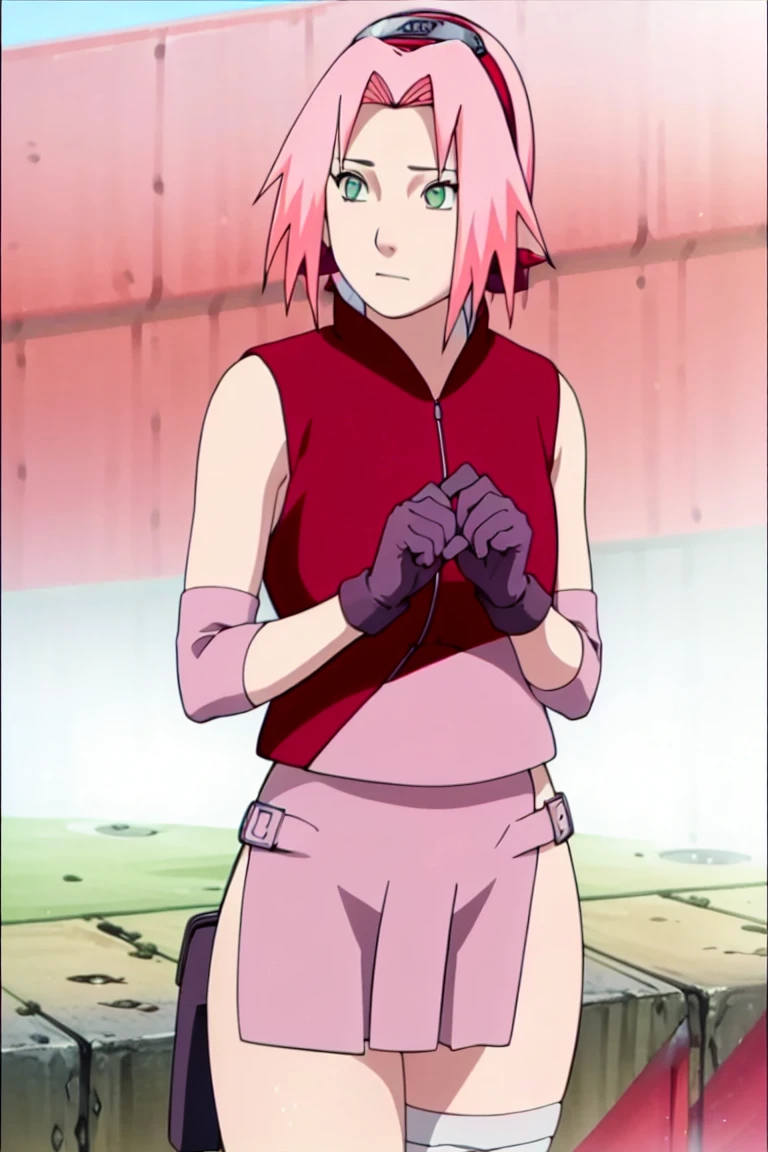 spread legs, ((pussy, bottomless, naked)). High quality, ultra detailed, realistic artwork of a "Sakura Shippuden" scene with vivid colors, perfect for 4K or 8K resolutions. The scene depicts Sakura Haruno., a young woman, She is naked. Her leg is bandaged, indicating a recent injury. 
Sakura has shoulder-length bangs that gently frame her face, revealing her beautiful, green eyes. Her face is adorned with a forehead protector, which bears the symbol of Konohagakure, signifying her loyalty to her people. The artwork shows Sakura's attention to detail, including her long eyelashes, detailed lips, and delicate features, capturing her determination and inner strength.

The lighting of the scene is soft and warm, casting a soft glow on the petals of the sakura flowers. The vibrant colors of the cherry blossom contrast against Sakura's black short sleeves and gloves, adding depth to the composition. The overall color scheme leans towards pastel tones, enhancing the serene and tranquil ambience of the bedroom.