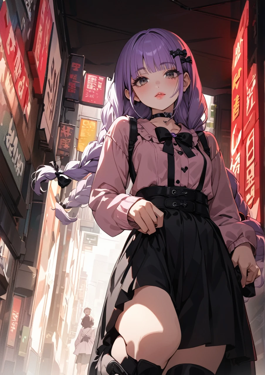 masterpiece, ultra detailed, 8K, solid blue Skyscrapers background, full body shot, Angle looking up from below.happy, a girl, kawaii, light atmosphere, mysterious atmosphere, (Cute a girl:1.5), (a girl with closs hair pin,pale purple hair,wavy two braids,bluntbangs hair,green and black eyes,
pink shirt,cosplay, jirai kei, bangs, black skirt, black bow, looking at viewer, bow, long sleeves, choker, ribbon,pink lips,Thick-soled boots,fullbody shot :1.4),boots focus,
(masterpiece:1.3), anime visual, (Lovey-dovey:1.5), (tilt head:1.3), extremely delicate face, soft clean focus, realistic lighting and shading, (an extremely delicate and beautiful art:1.3), elegant, (muted colors:1.1), small breast,slim,Sitting on a carry-on bag in Akihabara's pedestrian mall,morning lit,